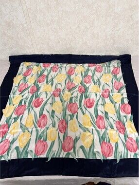 Talbots Silk Square Scarf Tulip Floral Print Navy Blue Border 34 Inch